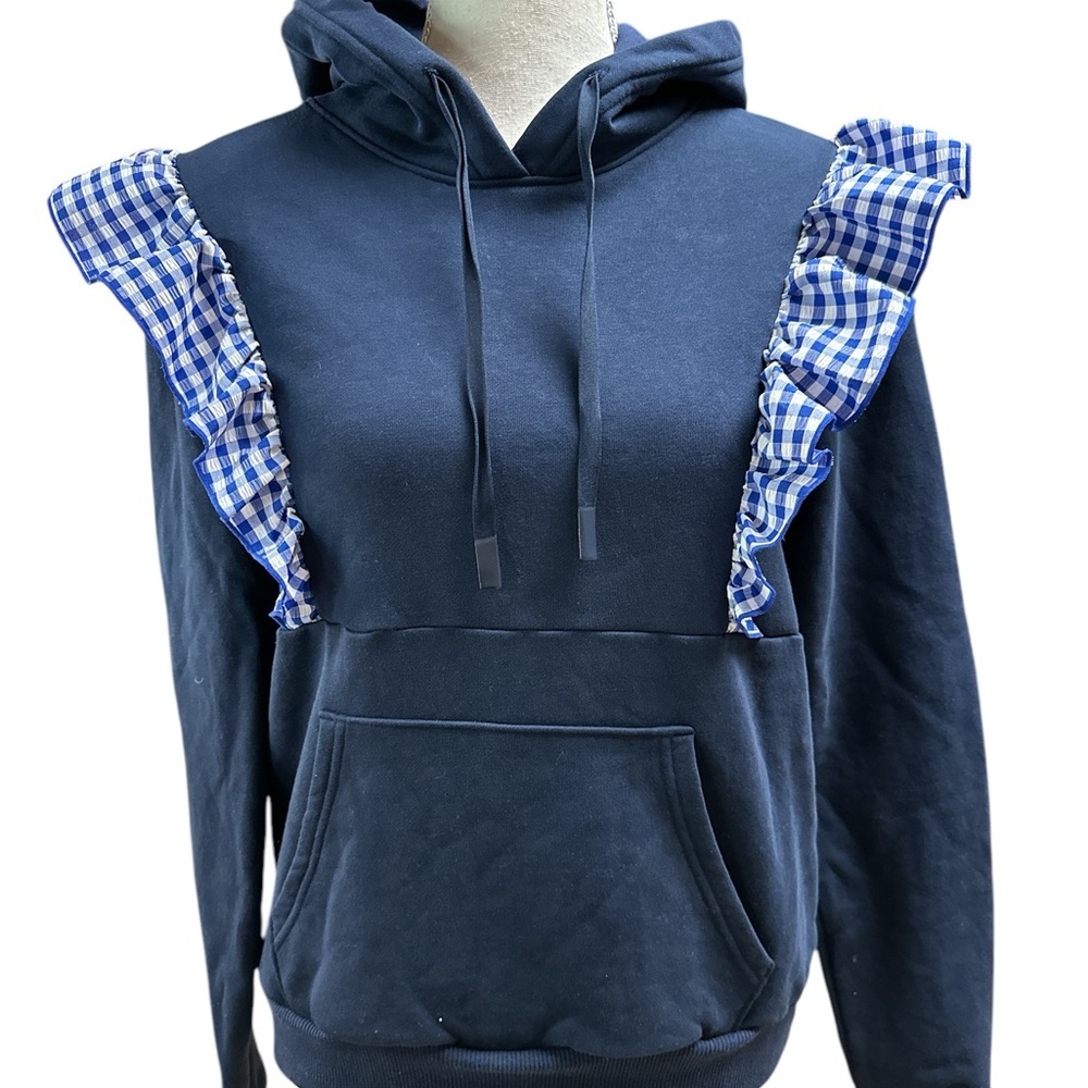ADDISON BAY Spring Garden Sweatshirt Cotton Hoodie Navy Plaid Ruffles Small - Picture 3 of 7